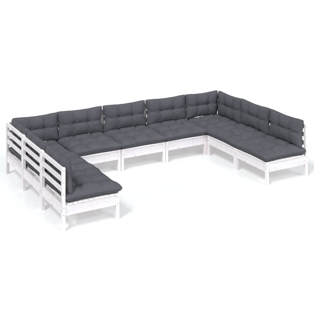 9-tlg. Garten-Lounge-Set mit Kissen Weiss Kiefer Massivholz